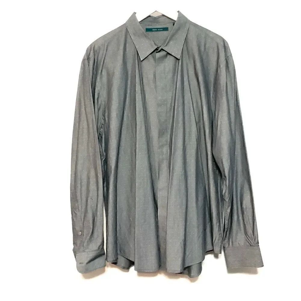 Perry Ellis grayish blue & white polka dot striped button down dress shirt